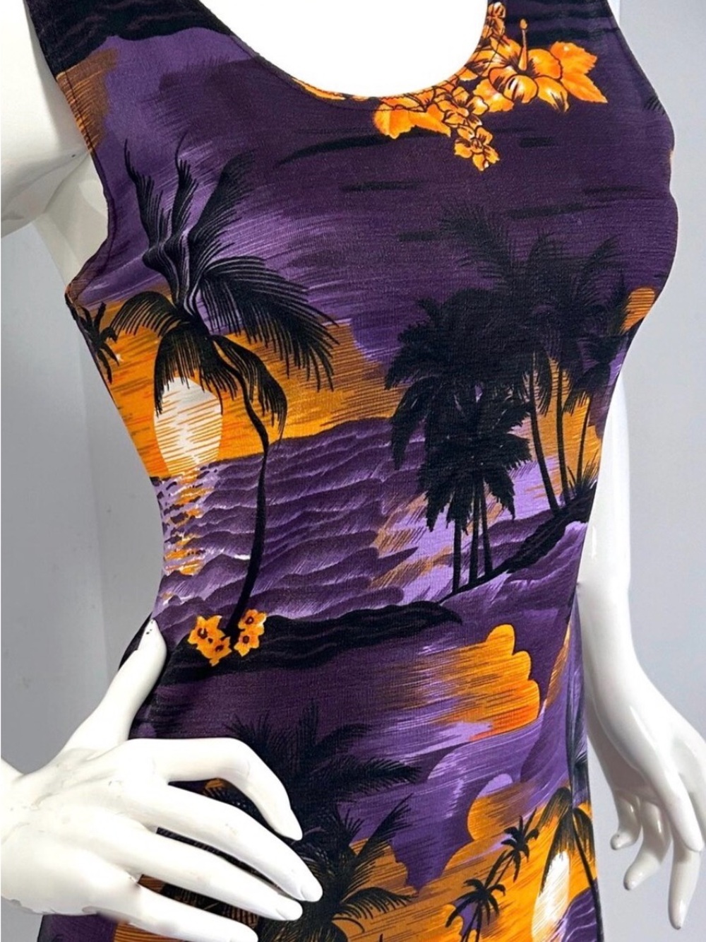 2 for $10- Y2K 'Coconut Girl' Tropical Sunset Print- Purple & Gold Slinky Dress
